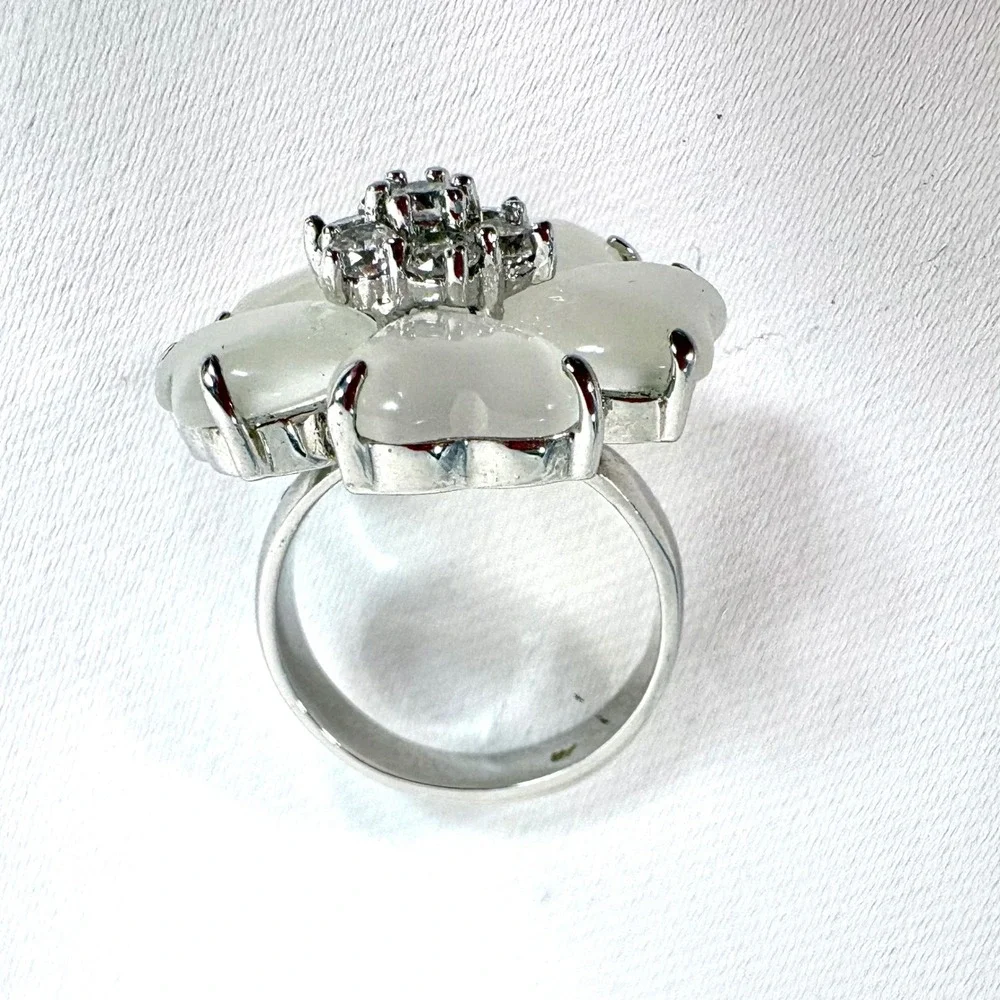 J Goodin Floral Nouveau Ring White Cats Eye Cubic Zirconia Silver Tone Size 6.75